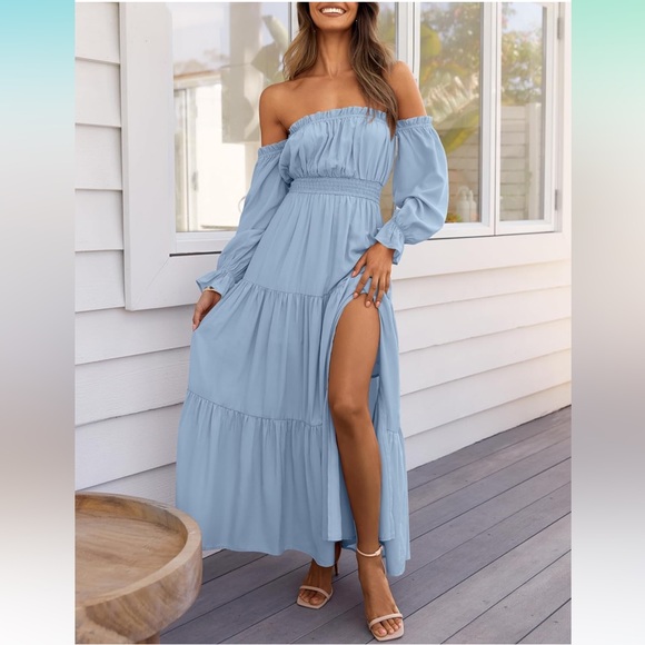 Zesica Dresses & Skirts - ZESICA Off Shoulder Long Sleeve Smocked Side Split A-Line Tiered Long Maxi Dress